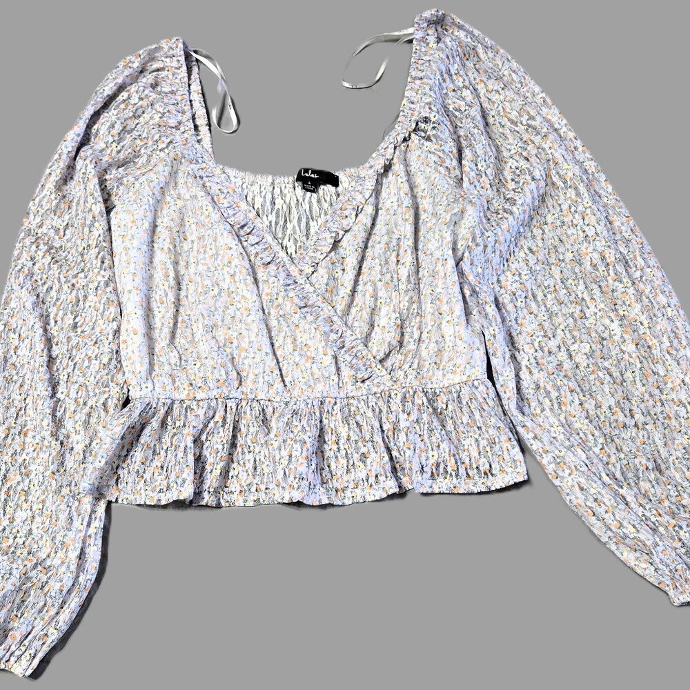 Lulus Sz Large Womens Ditsy Peplum Floral Balloon Sleeve Blouse